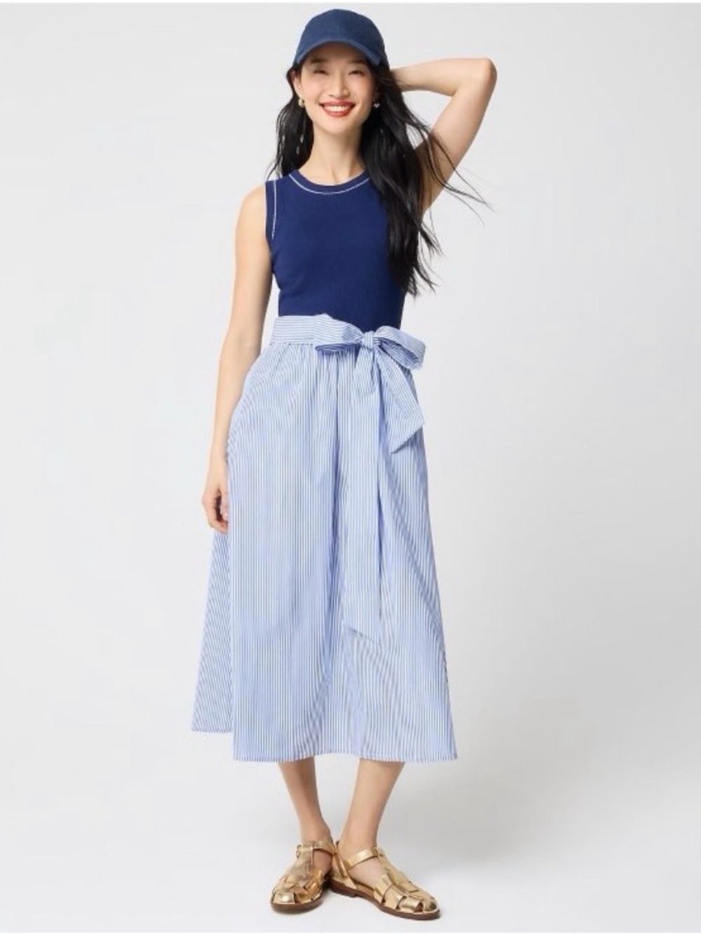 J. Crew Factory Navy Knit Tank with Light Blue Striped Tie-Waist Maxi Skirt